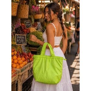 Neon Green Nylon Tote Bag Ruched Top Shoulder Bag Lightweight Large